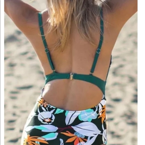 Teal and Floral Scalloped One-Piece Swimsuit - Picture 3 of 3